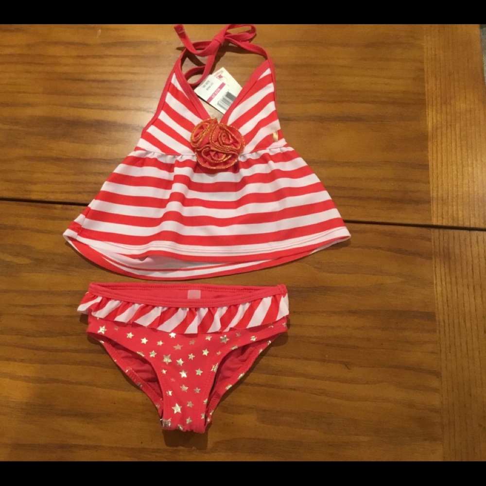 Rugged Bear Coral and White Girls Tankini 2T